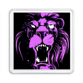 Магнит 55*55 с принтом Pink lion в Новосибирске, Пластик | Размер: 65*65 мм; Размер печати: 55*55 мм | Тематика изображения на принте: ears | eyes | fangs | jaw | lion | mane | muzzle | neon | pink | глаза | грива | клыки | лев | неон | пасть | розовый | уши