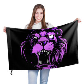 Флаг 3D с принтом Pink lion в Новосибирске, 100% полиэстер | плотность ткани — 95 г/м2, размер — 67 х 109 см. Принт наносится с одной стороны | ears | eyes | fangs | jaw | lion | mane | muzzle | neon | pink | глаза | грива | клыки | лев | неон | пасть | розовый | уши