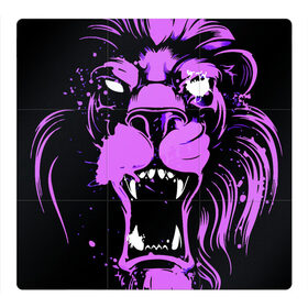 Магнитный плакат 3Х3 с принтом Pink lion в Новосибирске, Полимерный материал с магнитным слоем | 9 деталей размером 9*9 см | ears | eyes | fangs | jaw | lion | mane | muzzle | neon | pink | глаза | грива | клыки | лев | неон | пасть | розовый | уши