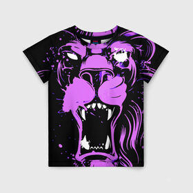 Детская футболка 3D с принтом Pink lion в Новосибирске, 100% гипоаллергенный полиэфир | прямой крой, круглый вырез горловины, длина до линии бедер, чуть спущенное плечо, ткань немного тянется | ears | eyes | fangs | jaw | lion | mane | muzzle | neon | pink | глаза | грива | клыки | лев | неон | пасть | розовый | уши