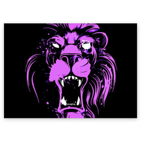 Поздравительная открытка с принтом Pink lion в Новосибирске, 100% бумага | плотность бумаги 280 г/м2, матовая, на обратной стороне линовка и место для марки
 | ears | eyes | fangs | jaw | lion | mane | muzzle | neon | pink | глаза | грива | клыки | лев | неон | пасть | розовый | уши