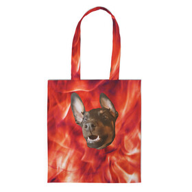 Шоппер 3D с принтом Огненый Пес в Новосибирске, 100% полиэстер | Плотность: 200 г/м2; Размер: 34×35 см; Высота лямок: 30 см | голова | горячий | горящий | доберман | животное | зверек | зверь | зубы | клык | красный | лицо | овчарка | огонь | пес | пламя | рот | ротвейлер | свет | собака | удивленный | улыбка | щенок