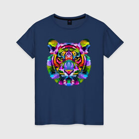 Женская футболка хлопок с принтом Color tiger в Новосибирске, 100% хлопок | прямой крой, круглый вырез горловины, длина до линии бедер, слегка спущенное плечо | color | ears | eyes | muzzle | neon | tiger | vanguard | view | авангард | взгляд | глаза | неон | тигр | уши | цвет