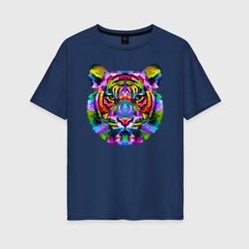 Женская футболка хлопок Oversize с принтом Color tiger в Новосибирске, 100% хлопок | свободный крой, круглый ворот, спущенный рукав, длина до линии бедер
 | color | ears | eyes | muzzle | neon | tiger | vanguard | view | авангард | взгляд | глаза | неон | тигр | уши | цвет