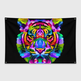 Флаг-баннер с принтом Neon tiger в Новосибирске, 100% полиэстер | размер 67 х 109 см, плотность ткани — 95 г/м2; по краям флага есть четыре люверса для крепления | Тематика изображения на принте: color | ears | eyes | muzzle | neon | tiger | vanguard | view | авангард | взгляд | глаза | неон | тигр | уши | цвет