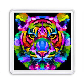 Магнит 55*55 с принтом Neon tiger в Новосибирске, Пластик | Размер: 65*65 мм; Размер печати: 55*55 мм | color | ears | eyes | muzzle | neon | tiger | vanguard | view | авангард | взгляд | глаза | неон | тигр | уши | цвет