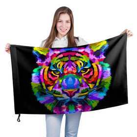 Флаг 3D с принтом Neon tiger в Новосибирске, 100% полиэстер | плотность ткани — 95 г/м2, размер — 67 х 109 см. Принт наносится с одной стороны | Тематика изображения на принте: color | ears | eyes | muzzle | neon | tiger | vanguard | view | авангард | взгляд | глаза | неон | тигр | уши | цвет