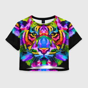 Женская футболка Crop-top 3D с принтом Neon tiger в Новосибирске, 100% полиэстер | круглая горловина, длина футболки до линии талии, рукава с отворотами | color | ears | eyes | muzzle | neon | tiger | vanguard | view | авангард | взгляд | глаза | неон | тигр | уши | цвет