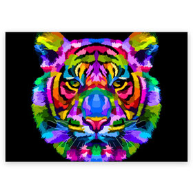 Поздравительная открытка с принтом Neon tiger в Новосибирске, 100% бумага | плотность бумаги 280 г/м2, матовая, на обратной стороне линовка и место для марки
 | Тематика изображения на принте: color | ears | eyes | muzzle | neon | tiger | vanguard | view | авангард | взгляд | глаза | неон | тигр | уши | цвет