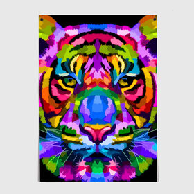 Постер с принтом Neon tiger в Новосибирске, 100% бумага
 | бумага, плотность 150 мг. Матовая, но за счет высокого коэффициента гладкости имеет небольшой блеск и дает на свету блики, но в отличии от глянцевой бумаги не покрыта лаком | color | ears | eyes | muzzle | neon | tiger | vanguard | view | авангард | взгляд | глаза | неон | тигр | уши | цвет