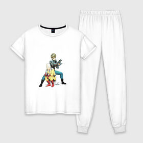 Женская пижама хлопок с принтом One Punch Man в Новосибирске, 100% хлопок | брюки и футболка прямого кроя, без карманов, на брюках мягкая резинка на поясе и по низу штанин | one punch man | аниме | ванпачмен | манга | сайтама
