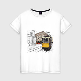 Женская футболка хлопок с принтом Белый и желтый поезд в Новосибирске, 100% хлопок | прямой крой, круглый вырез горловины, длина до линии бедер, слегка спущенное плечо | Тематика изображения на принте: белый и желтый поезд | город | дорога | трамвай | транспорт | улица