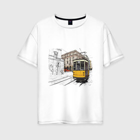 Женская футболка хлопок Oversize с принтом Белый и желтый поезд в Новосибирске, 100% хлопок | свободный крой, круглый ворот, спущенный рукав, длина до линии бедер
 | белый и желтый поезд | город | дорога | трамвай | транспорт | улица