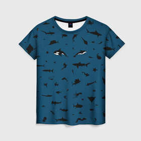 Женская футболка 3D с принтом Fish в Новосибирске, 100% полиэфир ( синтетическое хлопкоподобное полотно) | прямой крой, круглый вырез горловины, длина до линии бедер | dolphin | fish | killer whale | see life | shark | акула | дельфин | касатка | морские обитатели | рыба