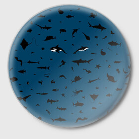 Значок с принтом Fish в Новосибирске,  металл | круглая форма, металлическая застежка в виде булавки | dolphin | fish | killer whale | see life | shark | акула | дельфин | касатка | морские обитатели | рыба