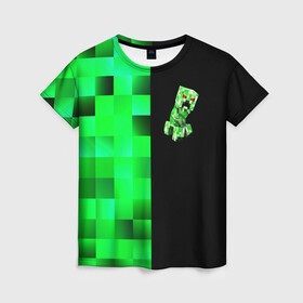 Женская футболка 3D с принтом MINECRAFT CREEPER в Новосибирске, 100% полиэфир ( синтетическое хлопкоподобное полотно) | прямой крой, круглый вырез горловины, длина до линии бедер | Тематика изображения на принте: blox | creeper | dungeons | game | geometry | green | neon | pixel | steve | алекс | детям | зелень | игра | кислотный | крипер | куб | логотипы игр | майнкрафт | мальчикам | мобы | неоновый | пиксель | пиксельный | подземелья