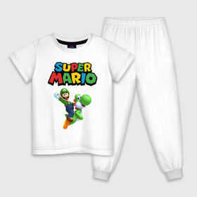 Детская пижама хлопок с принтом Super Mario в Новосибирске, 100% хлопок |  брюки и футболка прямого кроя, без карманов, на брюках мягкая резинка на поясе и по низу штанин
 | game | mario kart live home circuit | super mario | super mario 3d world | super mario 64 | super mario galaxy | super mario sunshine | гумба | игра super mario | игра марио | йоши | купалинги | лакиту | луиджи | марио | надпись | нинтендо | 