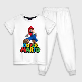 Детская пижама хлопок с принтом Super Mario в Новосибирске, 100% хлопок |  брюки и футболка прямого кроя, без карманов, на брюках мягкая резинка на поясе и по низу штанин
 | game | mario kart live home circuit | super mario | super mario 3d world | super mario 64 | super mario galaxy | super mario sunshine | гумба | игра super mario | игра марио | йоши | купалинги | лакиту | луиджи | марио | надпись | нинтендо | 