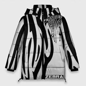 Женская зимняя куртка 3D с принтом Zebra в Новосибирске, верх — 100% полиэстер; подкладка — 100% полиэстер; утеплитель — 100% полиэстер | длина ниже бедра, силуэт Оверсайз. Есть воротник-стойка, отстегивающийся капюшон и ветрозащитная планка. 

Боковые карманы с листочкой на кнопках и внутренний карман на молнии | Тематика изображения на принте: животное | зебра | полосы | черный | штрихкод