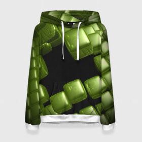 Женская толстовка 3D с принтом зеленый куб в Новосибирске, 100% полиэстер  | двухслойный капюшон со шнурком для регулировки, мягкие манжеты на рукавах и по низу толстовки, спереди карман-кенгуру с мягким внутренним слоем. | 3d | абстракция | зеленый | илюзия | квадрат | куб