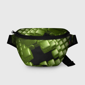 Поясная сумка 3D с принтом зеленый куб в Новосибирске, 100% полиэстер | плотная ткань, ремень с регулируемой длиной, внутри несколько карманов для мелочей, основное отделение и карман с обратной стороны сумки застегиваются на молнию | 3d | абстракция | зеленый | илюзия | квадрат | куб