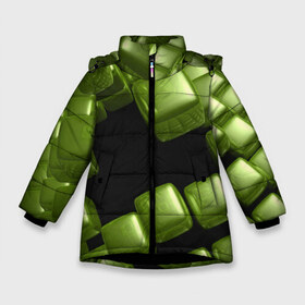 Зимняя куртка для девочек 3D с принтом зеленый куб в Новосибирске, ткань верха — 100% полиэстер; подклад — 100% полиэстер, утеплитель — 100% полиэстер. | длина ниже бедра, удлиненная спинка, воротник стойка и отстегивающийся капюшон. Есть боковые карманы с листочкой на кнопках, утяжки по низу изделия и внутренний карман на молнии. 

Предусмотрены светоотражающий принт на спинке, радужный светоотражающий элемент на пуллере молнии и на резинке для утяжки. | 3d | абстракция | зеленый | илюзия | квадрат | куб
