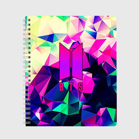 Тетрадь с принтом Красочные BTS в Новосибирске, 100% бумага | 48 листов, плотность листов — 60 г/м2, плотность картонной обложки — 250 г/м2. Листы скреплены сбоку удобной пружинной спиралью. Уголки страниц и обложки скругленные. Цвет линий — светло-серый
 | bts | music | pop | rm | бабочка | бтс | геометрия | гламур | градиент | группа | девочкам | девушкам | корея | кристаллы | крылья | логотипы групп | молодежные | музыка | музыкальные | неоновый | парни | песни
