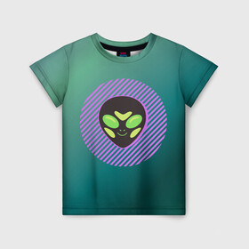 Детская футболка 3D с принтом Инопланетяша на зеленом фоне в Новосибирске, 100% гипоаллергенный полиэфир | прямой крой, круглый вырез горловины, длина до линии бедер, чуть спущенное плечо, ткань немного тянется | градиент | зеленый | инопланетянин | круг | лицо | наука | нло | подарок | полоски | пришелец | улыбка | фантастика | фиолетовый