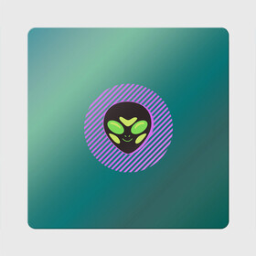 Магнит виниловый Квадрат с принтом Инопланетяша на зеленом фоне в Новосибирске, полимерный материал с магнитным слоем | размер 9*9 см, закругленные углы | градиент | зеленый | инопланетянин | круг | лицо | наука | нло | подарок | полоски | пришелец | улыбка | фантастика | фиолетовый