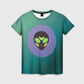 Женская футболка 3D с принтом Инопланетяша на зеленом фоне в Новосибирске, 100% полиэфир ( синтетическое хлопкоподобное полотно) | прямой крой, круглый вырез горловины, длина до линии бедер | градиент | зеленый | инопланетянин | круг | лицо | наука | нло | подарок | полоски | пришелец | улыбка | фантастика | фиолетовый