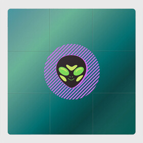 Магнитный плакат 3Х3 с принтом Инопланетяша на зеленом фоне в Новосибирске, Полимерный материал с магнитным слоем | 9 деталей размером 9*9 см | градиент | зеленый | инопланетянин | круг | лицо | наука | нло | подарок | полоски | пришелец | улыбка | фантастика | фиолетовый