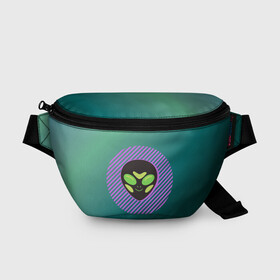 Поясная сумка 3D с принтом Инопланетяша на зеленом фоне в Новосибирске, 100% полиэстер | плотная ткань, ремень с регулируемой длиной, внутри несколько карманов для мелочей, основное отделение и карман с обратной стороны сумки застегиваются на молнию | градиент | зеленый | инопланетянин | круг | лицо | наука | нло | подарок | полоски | пришелец | улыбка | фантастика | фиолетовый