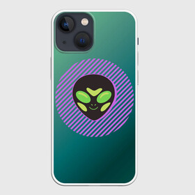Чехол для iPhone 13 mini с принтом Инопланетяша на зеленом фоне в Новосибирске,  |  | градиент | зеленый | инопланетянин | круг | лицо | наука | нло | подарок | полоски | пришелец | улыбка | фантастика | фиолетовый