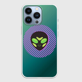 Чехол для iPhone 13 Pro с принтом Инопланетяша на зеленом фоне в Новосибирске,  |  | Тематика изображения на принте: градиент | зеленый | инопланетянин | круг | лицо | наука | нло | подарок | полоски | пришелец | улыбка | фантастика | фиолетовый