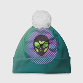 Шапка 3D c помпоном с принтом Инопланетяша на зеленом фоне в Новосибирске, 100% полиэстер | универсальный размер, печать по всей поверхности изделия | градиент | зеленый | инопланетянин | круг | лицо | наука | нло | подарок | полоски | пришелец | улыбка | фантастика | фиолетовый