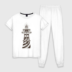 Женская пижама хлопок с принтом Маяк в Новосибирске, 100% хлопок | брюки и футболка прямого кроя, без карманов, на брюках мягкая резинка на поясе и по низу штанин | маяк | морской путь | ориентир | путеводитель | сияние