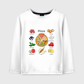 Детский лонгслив хлопок с принтом Рецепт пиццы в Новосибирске, 100% хлопок | круглый вырез горловины, полуприлегающий силуэт, длина до линии бедер | блюдо | грибы | колбаса | колбаска | креветки | кусочки пиццы | мята | оливки | перец | пицца | помидоры | сыр | тесто