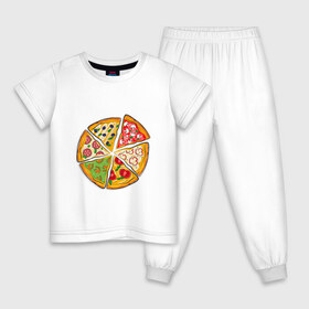 Детская пижама хлопок с принтом Пицца ассорти в Новосибирске, 100% хлопок |  брюки и футболка прямого кроя, без карманов, на брюках мягкая резинка на поясе и по низу штанин
 | грибы | колбаса | креветки | кусочки пиццы | оливки | пицца | пиццерия | помидоры