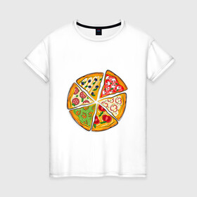 Женская футболка хлопок с принтом Пицца ассорти в Новосибирске, 100% хлопок | прямой крой, круглый вырез горловины, длина до линии бедер, слегка спущенное плечо | грибы | колбаса | креветки | кусочки пиццы | оливки | пицца | пиццерия | помидоры
