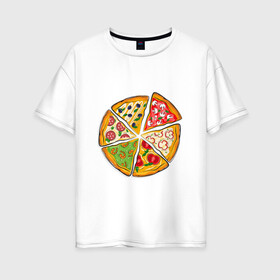 Женская футболка хлопок Oversize с принтом Пицца ассорти в Новосибирске, 100% хлопок | свободный крой, круглый ворот, спущенный рукав, длина до линии бедер
 | грибы | колбаса | креветки | кусочки пиццы | оливки | пицца | пиццерия | помидоры