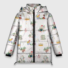 Женская зимняя куртка 3D с принтом Экология в Новосибирске, верх — 100% полиэстер; подкладка — 100% полиэстер; утеплитель — 100% полиэстер | длина ниже бедра, силуэт Оверсайз. Есть воротник-стойка, отстегивающийся капюшон и ветрозащитная планка. 

Боковые карманы с листочкой на кнопках и внутренний карман на молнии | Тематика изображения на принте: горшки | дача | домашнее | лейка | листочки | натуральный | огород | природный | растений | садик | садовник | садоводство | садоводы | садовый | сады | садят растения | эко | экологичный | экология