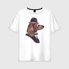 Женская футболка хлопок Oversize с принтом Такса в пенсне и шляпе в Новосибирске, 100% хлопок | свободный крой, круглый ворот, спущенный рукав, длина до линии бедер
 | аристократ | портрет собаки | собака джентельмен
