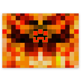 Поздравительная открытка с принтом Minecraft Dungeons в Новосибирске, 100% бумага | плотность бумаги 280 г/м2, матовая, на обратной стороне линовка и место для марки
 | Тематика изображения на принте: blox | creeper | dungeons | geometry | logo games | orange | pixel | red | steve | алекс | геометрия | детям | крипер | куб | логотипы игр | майнкрафт | мальчикам | мобы | огненный | огонь | пигги | пиксель | пиксельный | подземелья