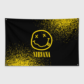 Флаг-баннер с принтом NIRVANA НИРВАНА в Новосибирске, 100% полиэстер | размер 67 х 109 см, плотность ткани — 95 г/м2; по краям флага есть четыре люверса для крепления | band | cobain | face | kurt | logo | music | nirvana | rock | rocknroll | группа | кобейн | курт | лого | логотип | музыка | музыкальная | нирвана | рожица | рок | рокнролл | символ