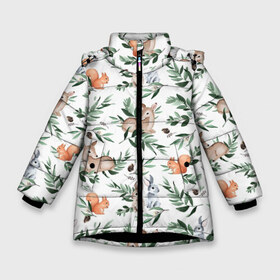 Зимняя куртка для девочек 3D с принтом Лесные животные в Новосибирске, ткань верха — 100% полиэстер; подклад — 100% полиэстер, утеплитель — 100% полиэстер. | длина ниже бедра, удлиненная спинка, воротник стойка и отстегивающийся капюшон. Есть боковые карманы с листочкой на кнопках, утяжки по низу изделия и внутренний карман на молнии. 

Предусмотрены светоотражающий принт на спинке, радужный светоотражающий элемент на пуллере молнии и на резинке для утяжки. | белки | детские принты | животные | зайчики | картинки детские | кролики | лесные животные | милые животные | милые звери
