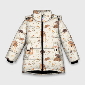 Зимняя куртка для девочек 3D с принтом Милые звери в Новосибирске, ткань верха — 100% полиэстер; подклад — 100% полиэстер, утеплитель — 100% полиэстер. | длина ниже бедра, удлиненная спинка, воротник стойка и отстегивающийся капюшон. Есть боковые карманы с листочкой на кнопках, утяжки по низу изделия и внутренний карман на молнии. 

Предусмотрены светоотражающий принт на спинке, радужный светоотражающий элемент на пуллере молнии и на резинке для утяжки. | белки | детские принты | животные | зайчики | картинки детские | кролики | лесные животные | милые животные | милые звери