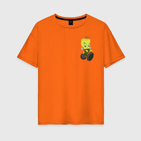 Женская футболка хлопок Oversize с принтом Твити и Сильвестр в Новосибирске, 100% хлопок | свободный крой, круглый ворот, спущенный рукав, длина до линии бедер
 | looney tunes | sylvester | tweety | vdzabma | луни тюнз | сильвестр | твити