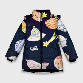 Зимняя куртка для девочек 3D с принтом Космический рисунок в Новосибирске, ткань верха — 100% полиэстер; подклад — 100% полиэстер, утеплитель — 100% полиэстер. | длина ниже бедра, удлиненная спинка, воротник стойка и отстегивающийся капюшон. Есть боковые карманы с листочкой на кнопках, утяжки по низу изделия и внутренний карман на молнии. 

Предусмотрены светоотражающий принт на спинке, радужный светоотражающий элемент на пуллере молнии и на резинке для утяжки. | Тематика изображения на принте: арт | детский рисунок | звезда | звёзды | космонавт | космос | кот | котик | нло | ракета | ракеты | рисунок | рисунок карандашом | синий | созвездия | тарелка | тарелки | юпитер