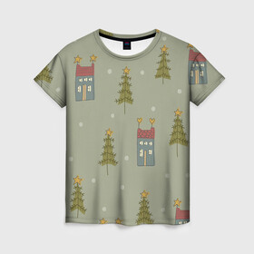 Женская футболка 3D с принтом Дома в лесу в Новосибирске, 100% полиэфир ( синтетическое хлопкоподобное полотно) | прямой крой, круглый вырез горловины, длина до линии бедер | арт | детский рисунок | дом | дома | ёлка | ёлки | зелёный | лес | новый год | рисунок | рисунок карандашом | снег | сосны | соста | тёмно зелёный | тёмный