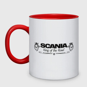 Кружка двухцветная с принтом Scania - King of the Road в Новосибирске, керамика | объем — 330 мл, диаметр — 80 мм. Цветная ручка и кайма сверху, в некоторых цветах — вся внутренняя часть | king of road | king of the road | saab | saab logo | scania | scania king | scania logo | грузовик | дальнобойщик | сааб | сканиа | скания | скания значок | скания лого | скания логотип | скания символ | шофер